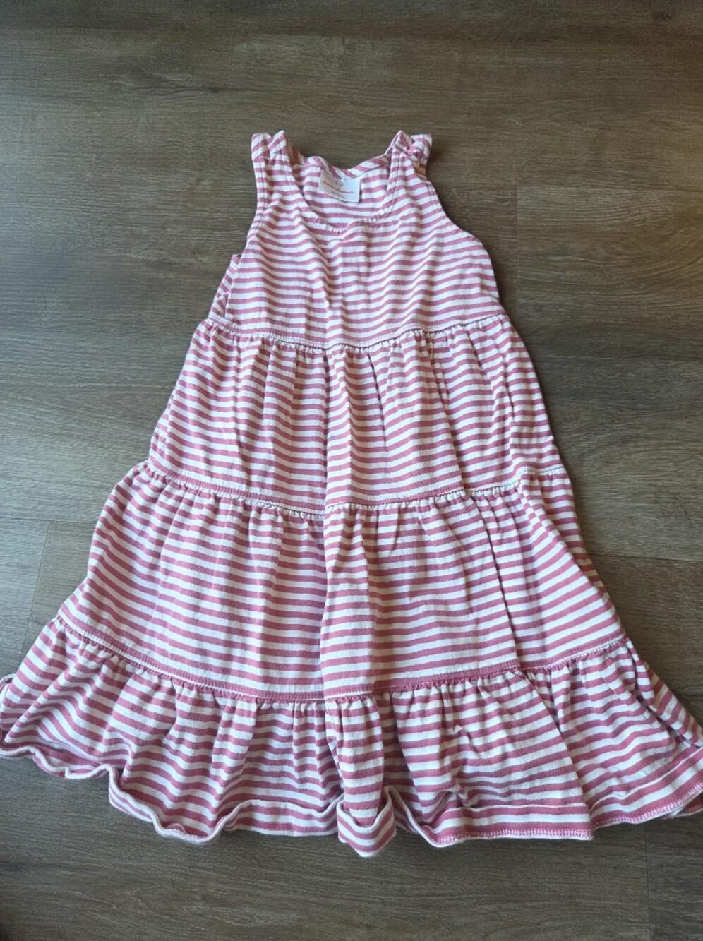 Hanna Andersson Cotton Salmon Pink & White Striped Tiered Midi Tank Dress Sz 110